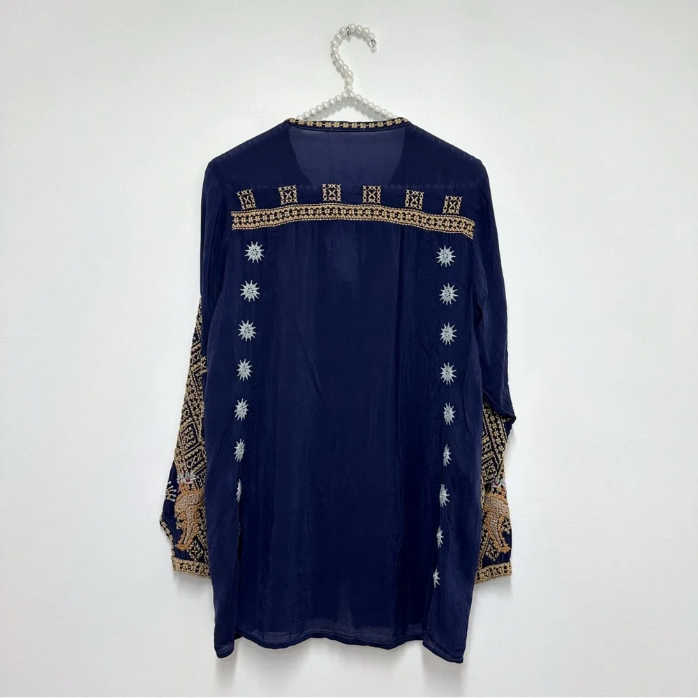 Johnny Was Minerva Blue Gravel Embroidered Blouse in Navy Blue and Gold
